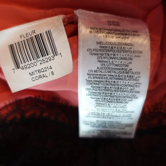 BCBGMAXAZRIA Dress Womens 8 Coral Fleur Strapless Ruched Taffeta Lace Mini Party - Picture 6 of 11